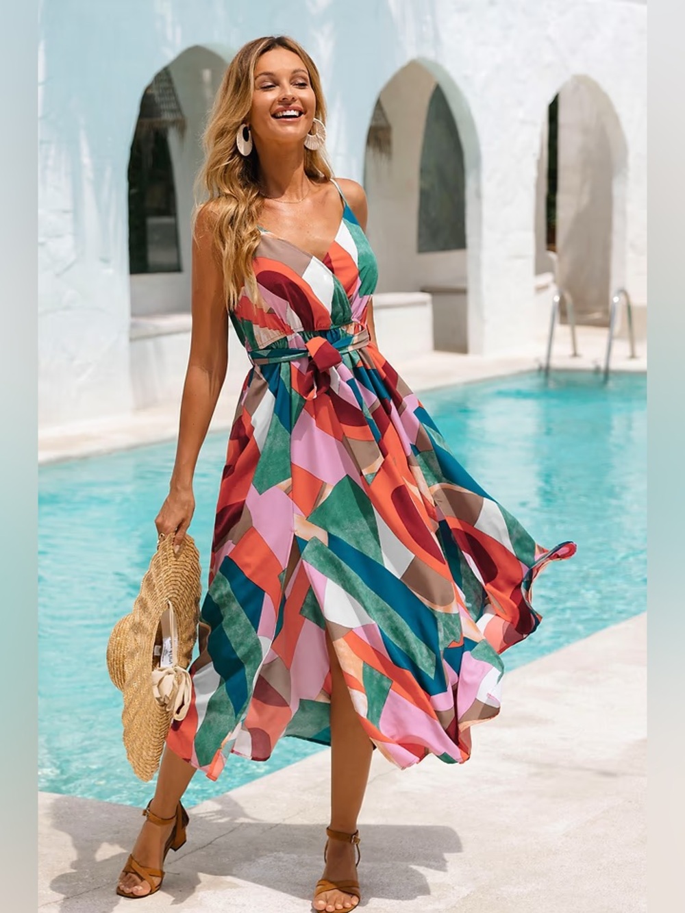 Cupshe: Multicolor Geometric Spaghetti Strap Midi Dress